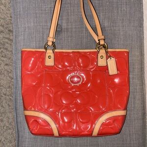 Coach Red and Tan Patent Leather Tote